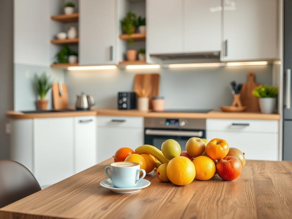 A realistic high-resolution photo of a modern shared kitchen space designed for therapists, featuring a clean and tidy layout with a coffee maker, a kettle, and a small dining area. The focus should be on a wooden table with fresh fruits and a steaming cup of coffee, surrounded by contemporary kitchen cabinets. The background should include soft lighting and a few potted plants, creating a warm and inviting atmosphere. The image should have a close-up shot, captured with a 45mm f/1.2 lens style, ensuring vi