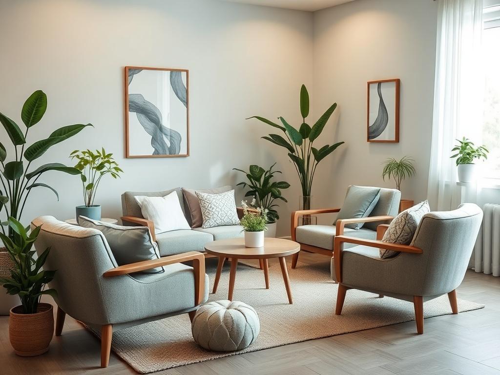 A serene therapist room with comfortable seating arranged in a cozy and inviting way. The decor features soft, calming colors, such as light greens and soft blues, with plants and art that promote a peaceful atmosphere. The room is well-lit with natural light pouring in from a nearby window, creating a warm and welcoming vibe. The composition focuses on the seating area, showcasing plush chairs and a small coffee table, with a gentle ambiance that inspires relaxation and healing.