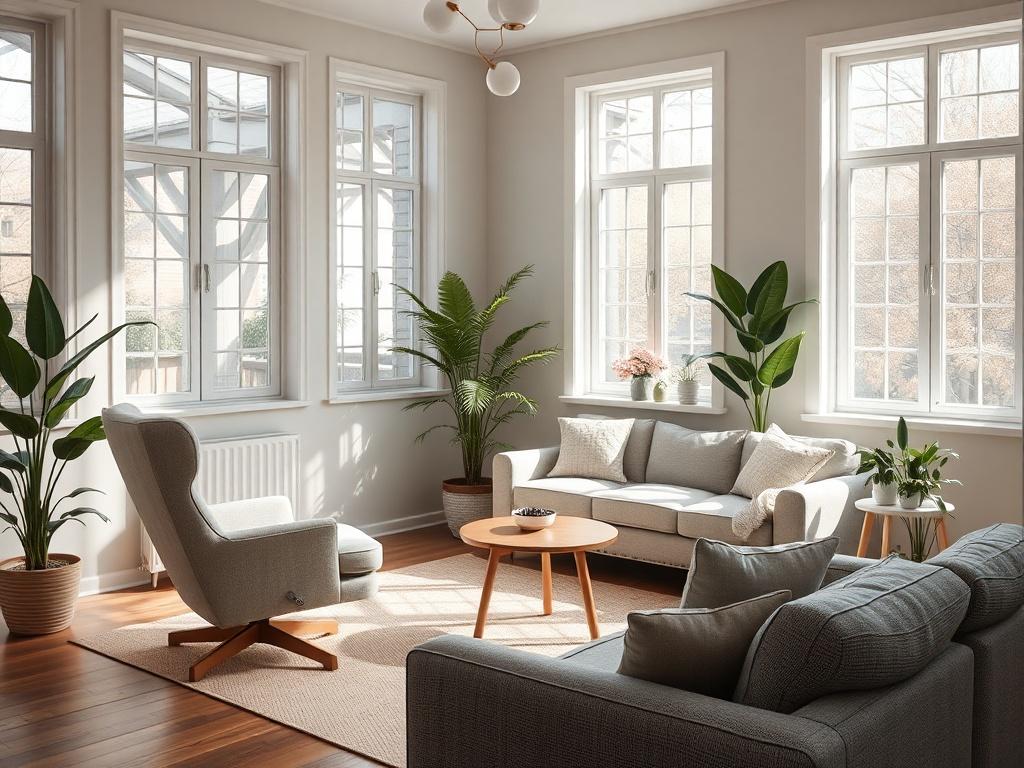 A hyper-realistic image of a spacious therapy room with natural light streaming in through large windows. The room contains a comfortable therapist's chair and a cozy couch for clients. The walls are painted in a calming color, and there are plants in the corners to enhance the ambiance. The composition should focus on the inviting seating area, with soft lighting to create a serene atmosphere. The image should be captured with a 45mm f/1.2 lens style, highlighting the details in the furniture and decor.