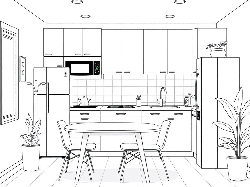A high-quality illustration of a modern kitchen area designed for therapists. The kitchen should feature a refrigerator, microwave, and coffee machine, along with a dining table and chairs. The layout should be inviting and functional, with clean lines and a neat appearance. The illustration should be in crisp black line drawing style, compatible with rgb(0, 117, 98) as the primary color.