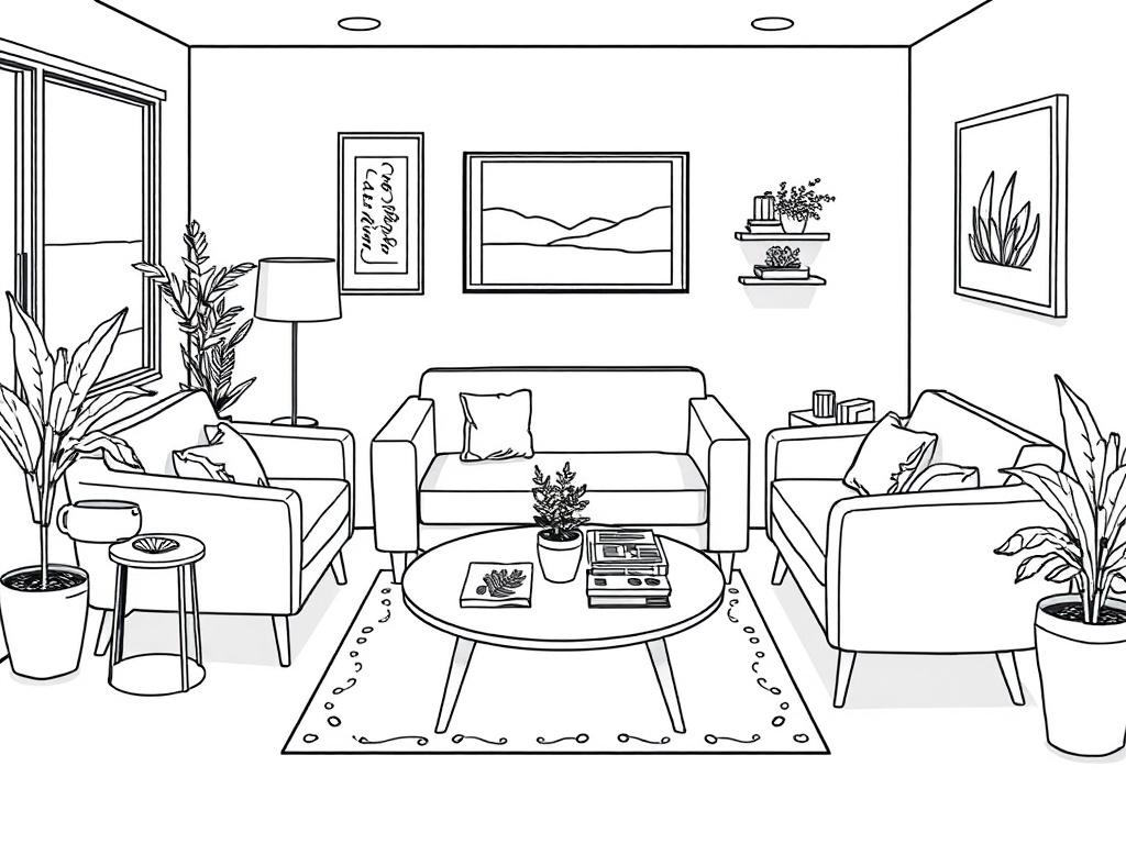A high-quality illustration of a cozy waiting area designed for clients. The area should include comfortable seating, calming decor, and a coffee table with magazines. The layout should convey a serene and inviting atmosphere. The illustration should be in crisp black line drawing style, compatible with rgb(0, 117, 98) as the primary color.