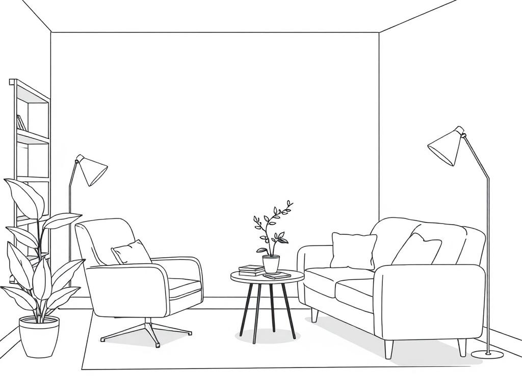 A high-quality illustration of a therapy room that showcases a calm and inviting atmosphere. The room should have a comfortable therapist chair, a cozy client couch, and gentle lighting. A small table with a plant and some books should be included. The background should be simple and unobtrusive, emphasizing the room's layout and furnishings. The illustration should be done in crisp black line drawing style, compatible with rgb(0, 117, 98) as the primary color.