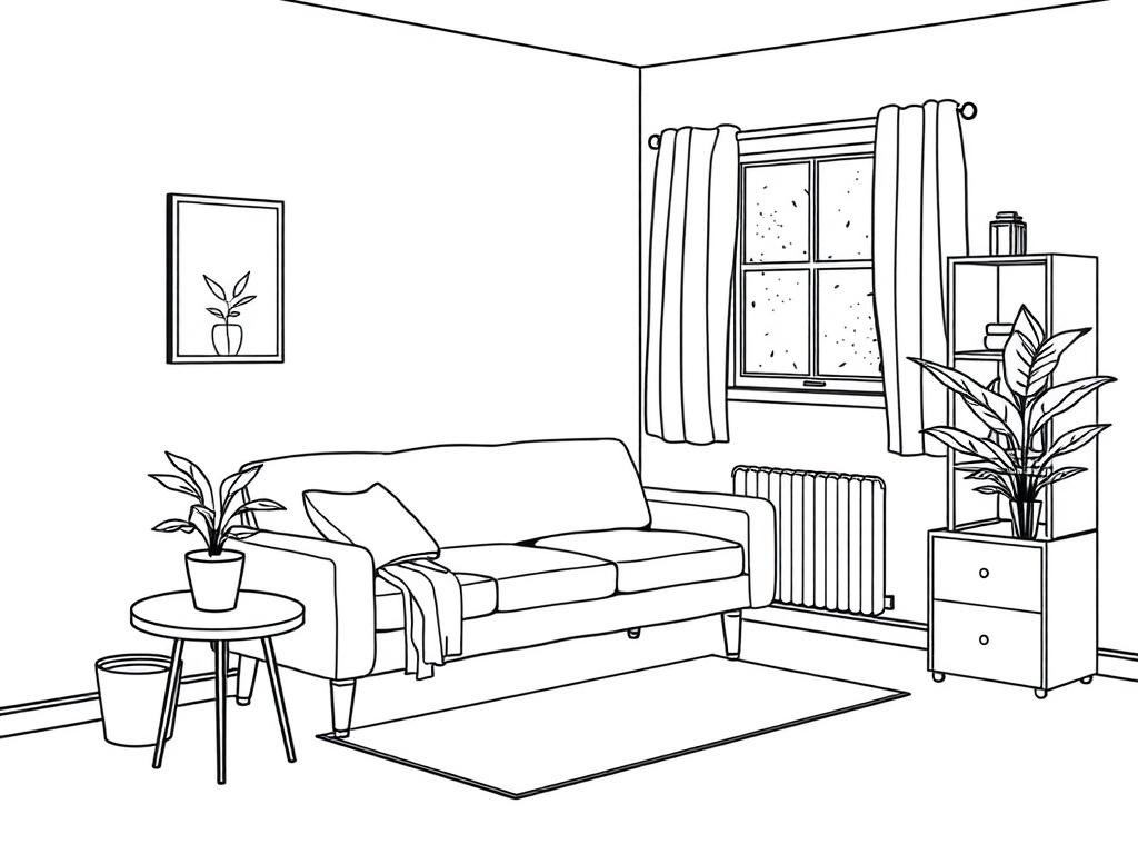 A high-quality illustration of a therapy room featuring a cozy and professional atmosphere. The room should include a comfortable therapy couch, a small table with a plant, and soft lighting. The walls should be painted in calming colors, with a window displaying natural light. The composition should focus solely on the therapy room, highlighting its spaciousness and inviting design. Use crisp, solid black line drawing style for the illustration, ensuring it aligns with the rgb(0, 117, 98) primary color.