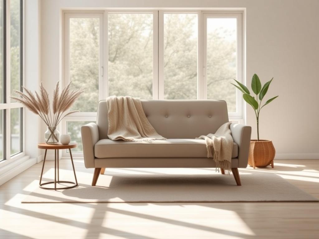 A serene therapy room featuring ample natural light streaming through large windows. The room is adorned with essential furnishings including a comfortable therapy couch, a small coffee table, and a soothing decor that promotes relaxation. The background showcases soft, neutral colors, creating a calm atmosphere. The focus is on the therapy couch, inviting and well-made, positioned to face the light, with a soft throw blanket draped over it. The composition is clean and simple, emphasizing the tranquility o