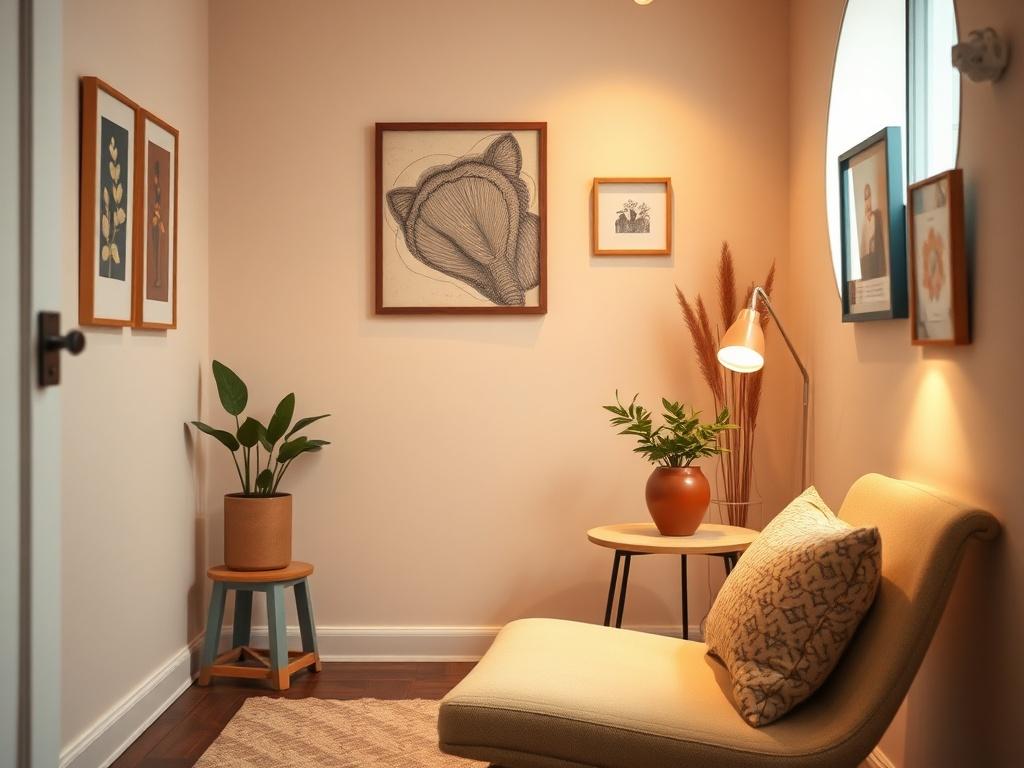 A cozy and private therapy room designed for individual sessions. The room features soft, warm lighting, a comfortable chair, and tasteful decorations on the walls. A small table with a plant adds a touch of nature to the space. The background shows a calming color palette, emphasizing tranquility. The overall composition focuses on the inviting atmosphere, with a close-up shot capturing the warmth and comfort of the environment.