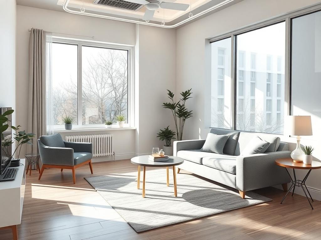 A hyper-realistic photo of Therapist Room 4, showcasing a comfortable and well-equipped therapy space. The room features large windows allowing natural light to flood in, highlighting the calming decor with soothing colors. The composition should focus on the inviting furniture and peaceful ambiance, creating a serene atmosphere suitable for therapy sessions. The background should be simple, emphasizing the room's tranquility and functionality.