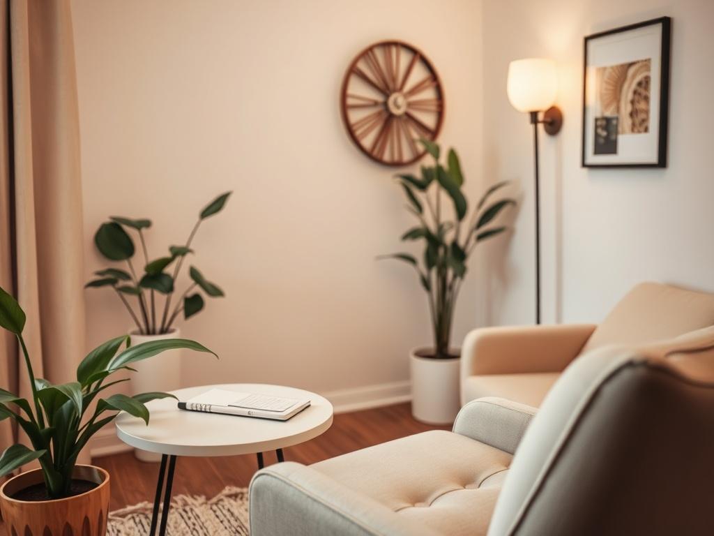 Create a hyper-realistic close-up shot of a cozy therapist room designed for individual sessions. The room should feature modern amenities like a comfortable armchair, soft lighting, and warm colors. Include a small desk with a notepad and a plant for a touch of nature. The background should be simple and calming, focusing on creating an inviting atmosphere. The image should be captured with a 45mm f/1.2 lens style to enhance the depth of field.
