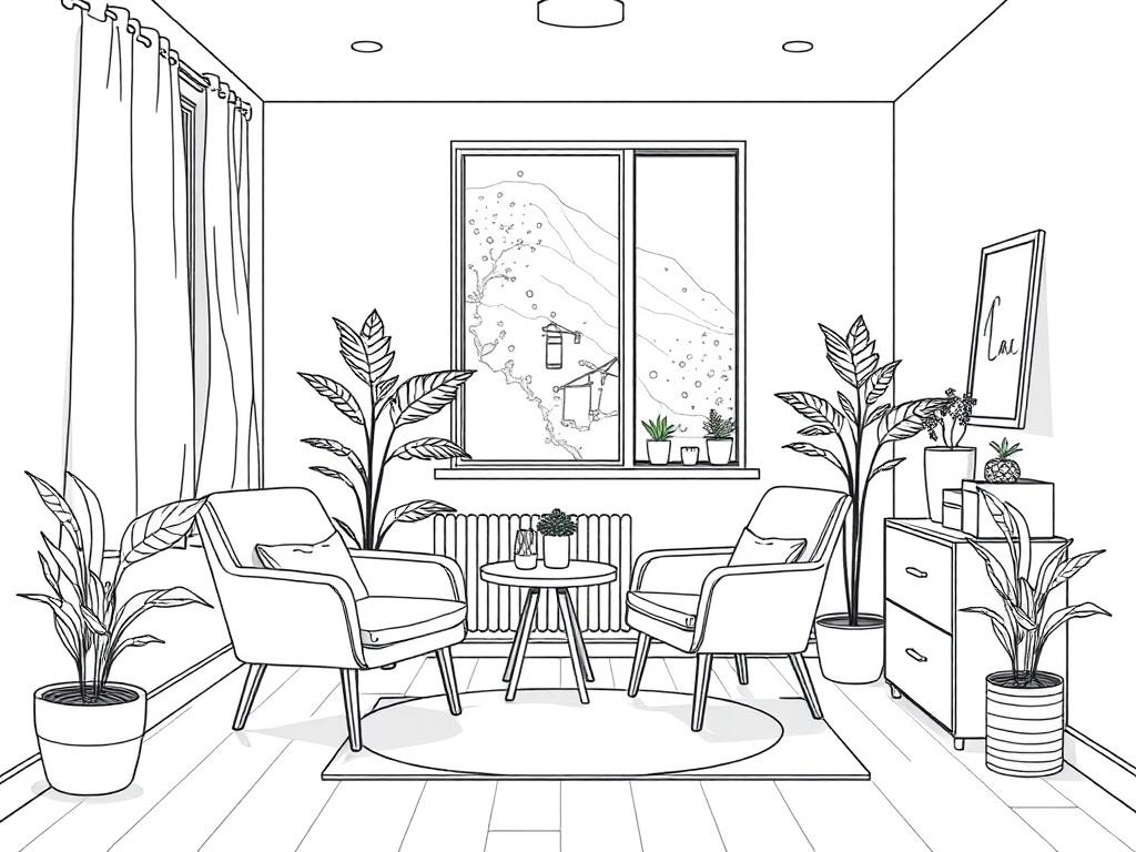 A high-quality illustration of a serene therapy room with natural light streaming in, featuring a comfortable therapist's chair, a small table with calming decor, and a cozy atmosphere. The room should be depicted in crisp, solid black line drawing style, emphasizing tranquility and professionalism. The background should be simple and uncluttered to keep the focus on the room.