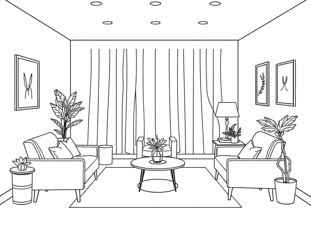 A detailed black line drawing of a professional therapy room featuring high-quality furnishings and a soothing color palette. The room should have a versatile layout, accommodating different therapy setups, with an inviting and private atmosphere. The background should be simple to enhance focus on the room design.