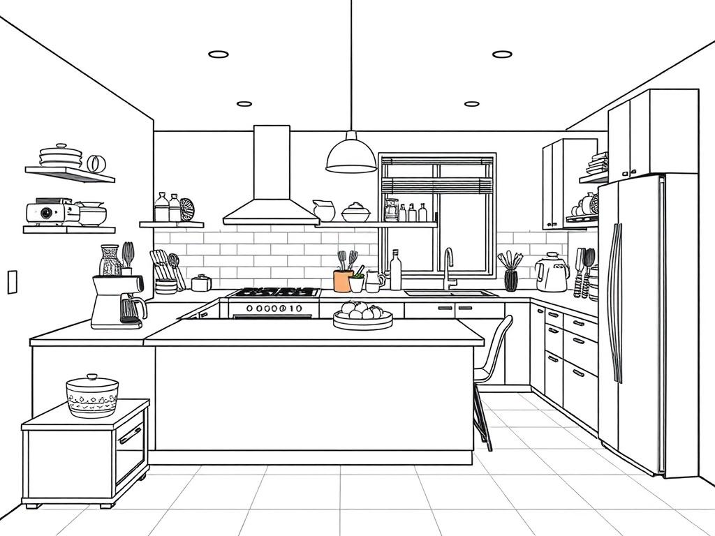 A spacious and modern kitchen with sleek appliances, a countertop, and dining area. The kitchen should have a warm and inviting atmosphere, featuring elements like a coffee maker, fruits, and utensils. The background should be simple yet expressive of a practical cooking space, illustrated in a crisp, solid black line drawing.