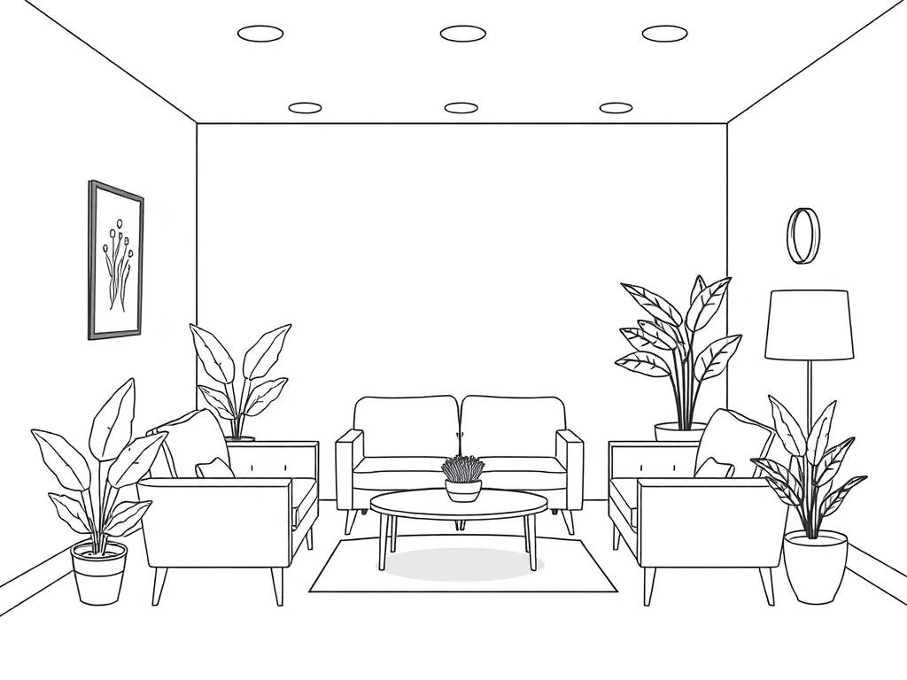 A welcoming waiting area featuring comfortable seating, soft lighting, and decorative plants. The design should evoke a sense of calm and relaxation, with natural elements that enhance the atmosphere. The background should be simple and clean, illustrating the layout and coziness of the waiting area in a crisp, solid black line drawing.
