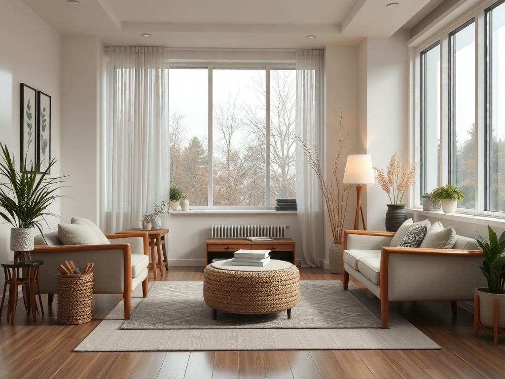 A serene therapist room featuring comfortable seating, soft lighting, and