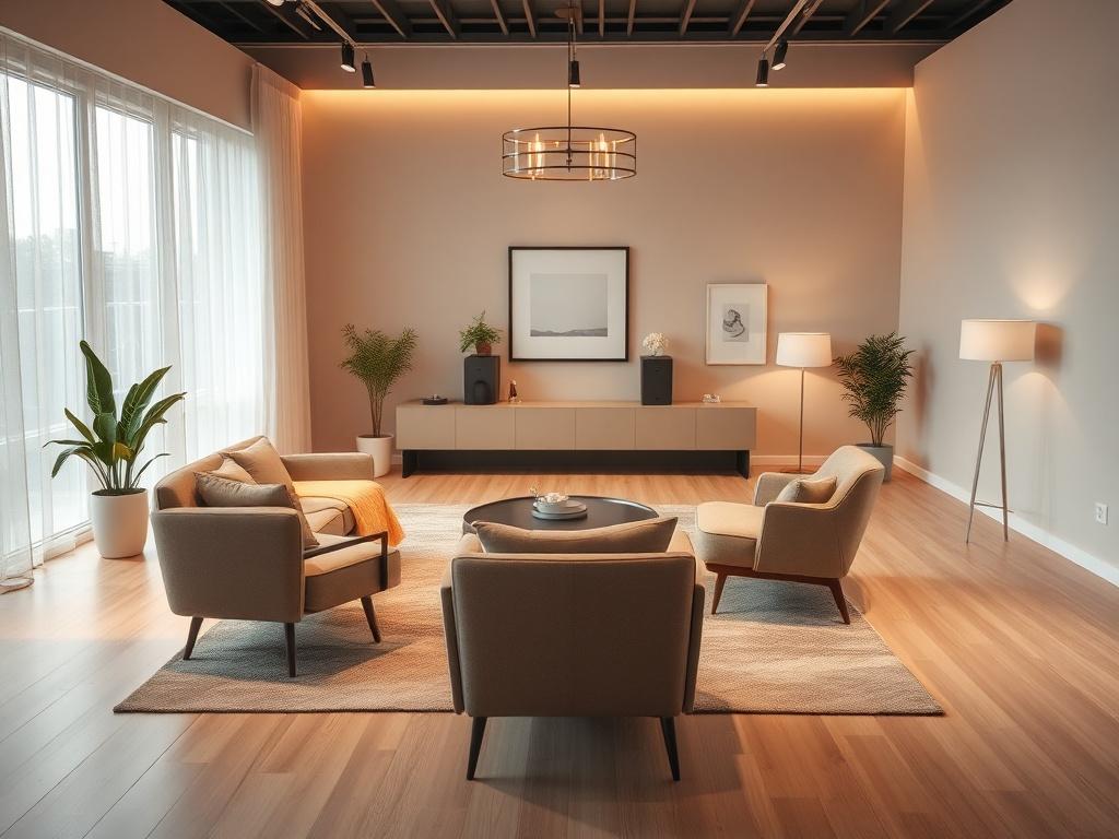 A spacious therapist room showcasing modern furniture and soothing colors