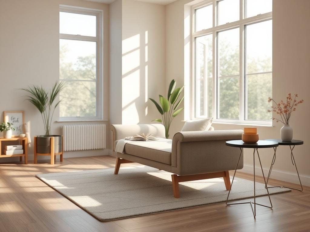 A serene therapy room with natural light flooding in through large windows. The room features essential furnishings like a comfortable therapy couch, a small table with calming decor, and soft lighting. The walls are adorned with soothing colors, enhancing the tranquil atmosphere. The composition should focus on the therapy couch as the main subject, with the background showcasing the natural light and inviting ambiance. The shot should be captured with a 45mm f/1.2 lens to emphasize depth and detail.