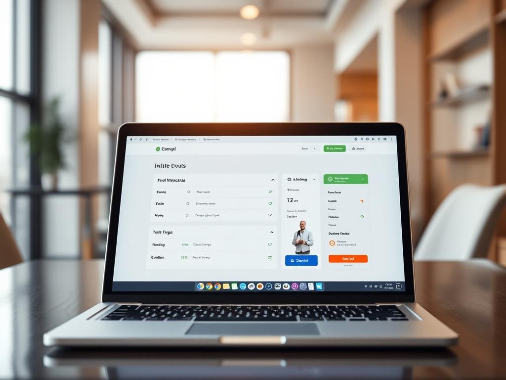 An intuitive booking interface displayed on a laptop screen, showcasing the simplicity of the online booking system. The background should be a modern office setting, with a focus on the laptop and the vibrant colors of the booking interface. Aim for a hyper-realistic style that conveys ease of use and professionalism.