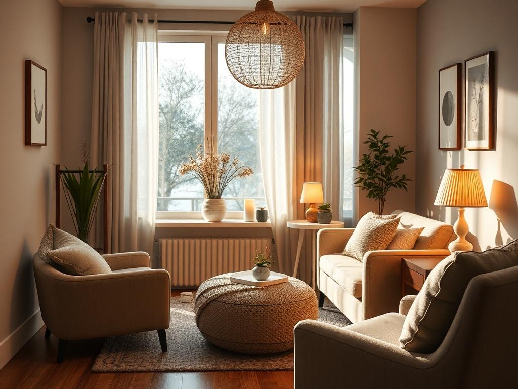 A hyper-realistic close-up shot of Therapist Room 5. The image should focus on the cozy interior, showcasing soft, comfortable furniture, warm lighting, and soothing decor elements. The background should feature calming colors, with natural light filtering through a window, creating a tranquil atmosphere. The composition should be simple and clear, highlighting the inviting nature of the room, shot with a 45mm f/1.2 lens style.