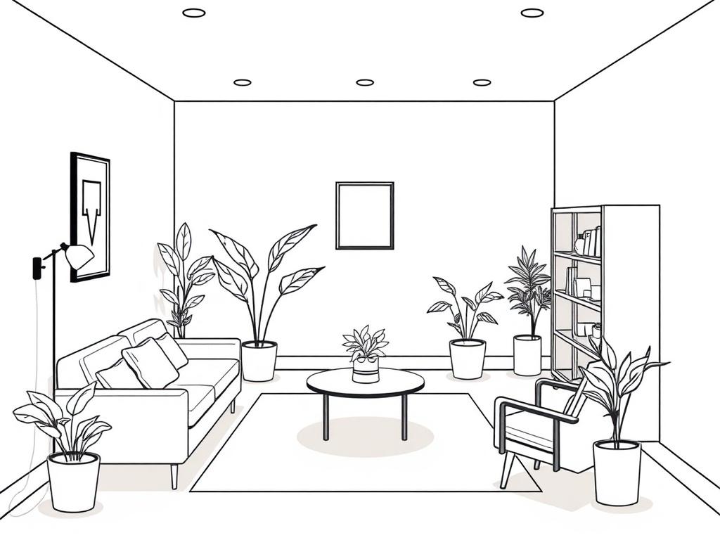 A high-quality illustration of Room 2, showcasing a serene therapy space. The room features soft lighting, comfortable furniture, and a calming color palette. The composition should focus solely on the room's interior, emphasizing its spaciousness and tranquility. Include a few decorative elements like plants or artwork to enhance the atmosphere. The background should be simple and uncluttered, allowing the room's features to stand out. The illustration should be rendered in crisp, solid black line drawing 