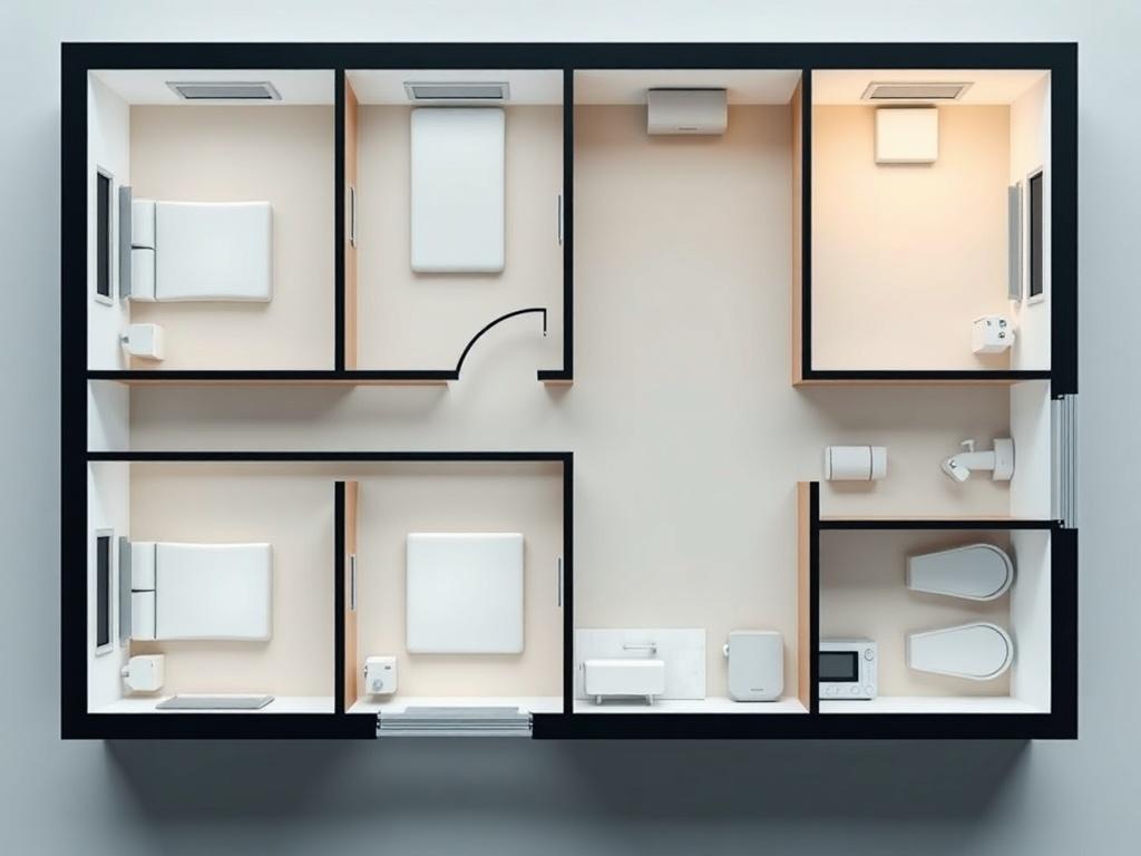 A realistic high-resolution image of a detailed floor plan layout for a therapy clinic. The image should be clear and well-structured, showcasing the arrangement of five therapy rooms, a kitchen area, and two toilets. The floor plan should be depicted in a simple, clean style, with clear demarcations for each space, using a color scheme that includes shades of rgb(0, 117, 98). The composition should be straightforward, emphasizing the layout without any clutter or distractions.