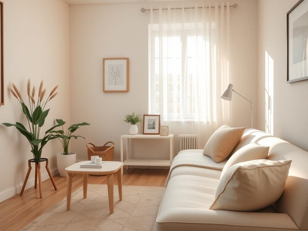 A serene and inviting therapy room with soft lighting and minimalistic decor. The room features a comfortable therapy couch, a small table with calming decor, and a window with natural light pouring in. The walls are painted in soothing colors, with a focus on a close-up shot of the couch and decor. The image should convey a peaceful and professional atmosphere, shot with a 45mm f/1.2 lens style.