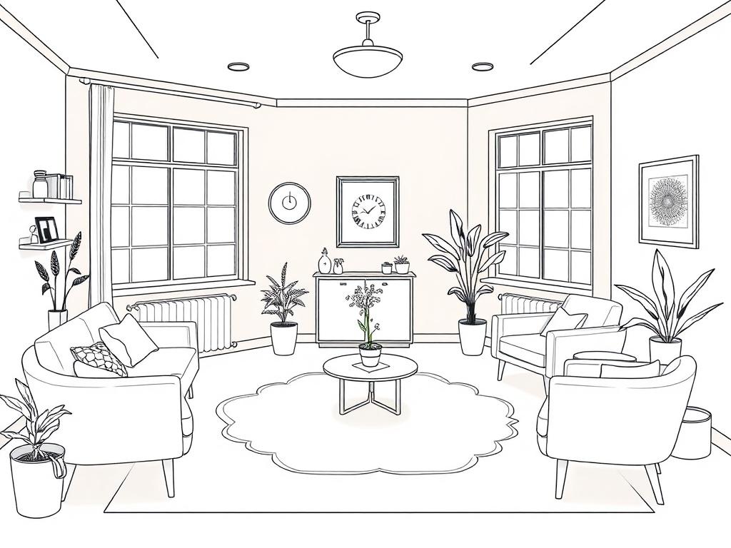 A spacious therapy room featuring comfortable furnishings with soft lighting. The room should include a therapy couch, a small table with chairs, and calming decorative elements. The walls are painted in soothing colors, with large windows letting in natural light. The composition should focus on the room layout, showcasing the inviting atmosphere and professional setting, rendered in a high-quality illustration style with crisp, solid black line drawing.