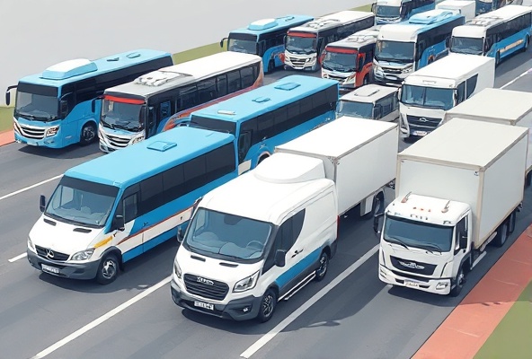Mixed fleet of buses, vans, and trucks