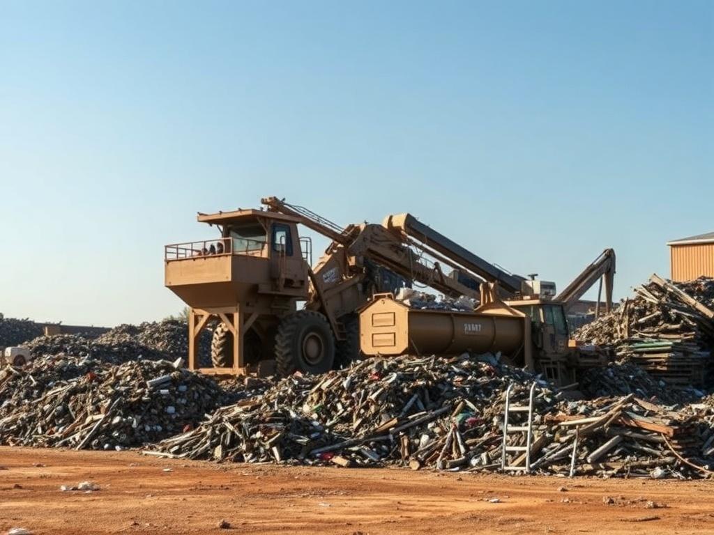 A high-resolution photo of a recycling yard with piles of ferrous and non-ferrous scrap metals, showcasing both small and large machinery working efficiently. The background should have a clear blue sky, while the foreground should represent a vibrant and active recycling scene, emphasizing the importance of sustainability. Include earthy textures and natural tones, aligning with the grounded aesthetic of Sultanah Scrap W.L.L.