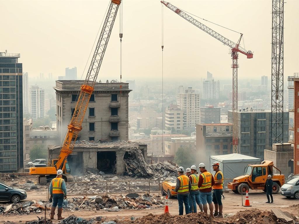 A high-resolution image showcasing a demolition site with cranes and heavy machinery in action. The scene includes workers in safety gear overseeing the dismantling of an old building, with debris being cleared away. The background captures an urban landscape, emphasizing the scale of the project.