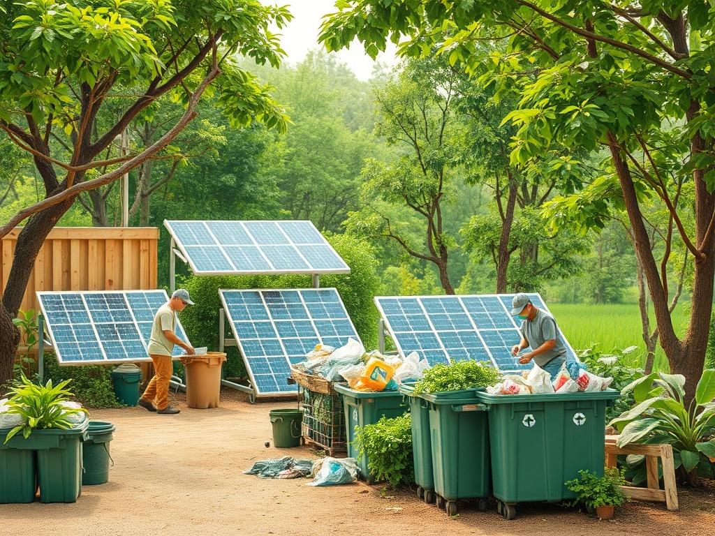 A high-resolution image illustrating a green recycling initiative, featuring a lush green environment with solar panels and recycling bins. Workers are seen sorting recyclable materials, surrounded by trees and plants, highlighting the connection between recycling and nature.