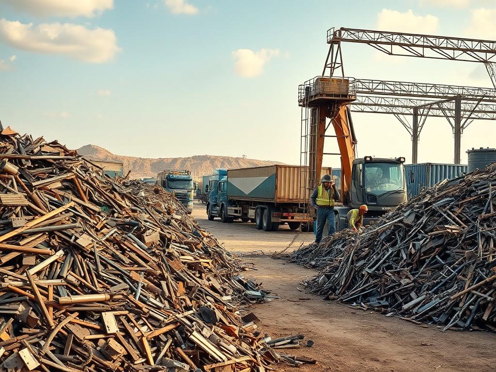 A high-resolution image depicting a busy metal recycling facility. The scene features large piles of scrap metal being sorted and processed by skilled workers using heavy machinery. The background includes transport vehicles ready for export, with a clear sky above and earthy tones reflecting an industrial environment.