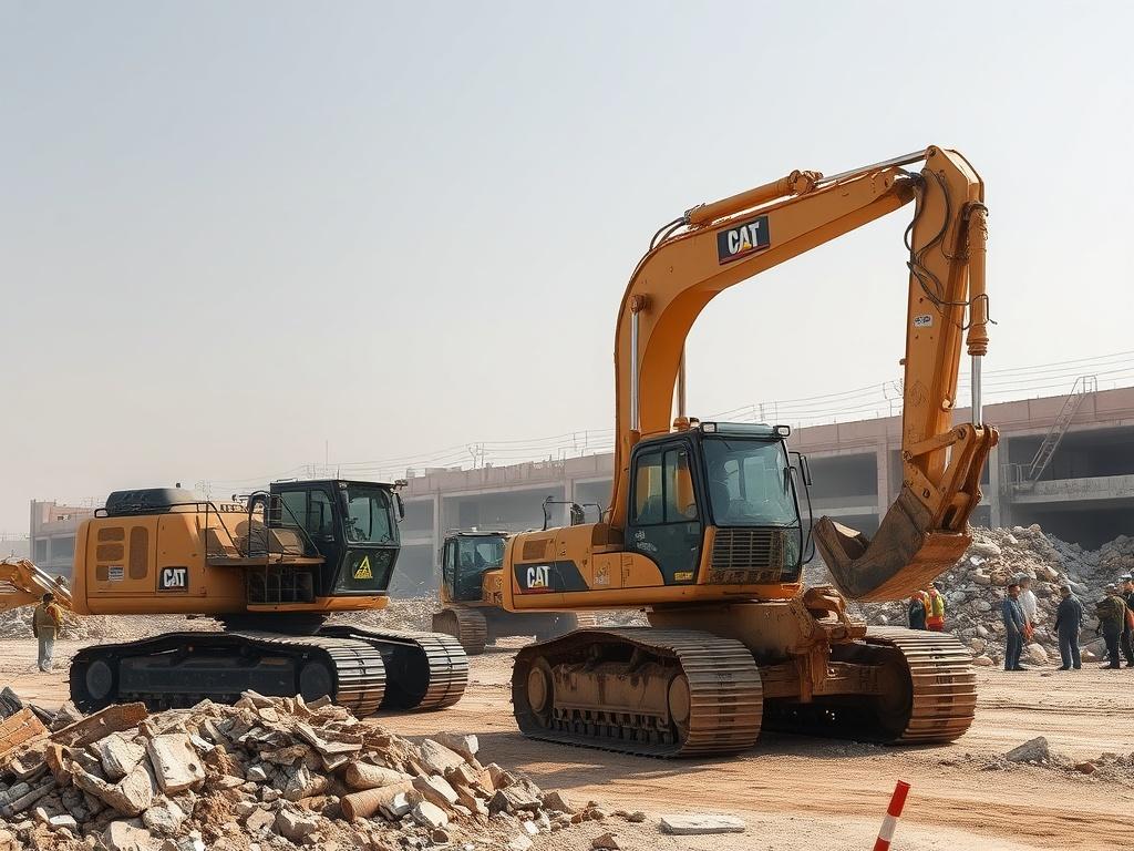 A high-resolution image of the Bahrain Old Airport demolition site, showcasing heavy machinery in action, with piles of debris and workers wearing safety gear. The background should feature a clear sky, emphasizing the scale of the demolition project, and the foreground should highlight the machinery, focusing on its robust design and activity.