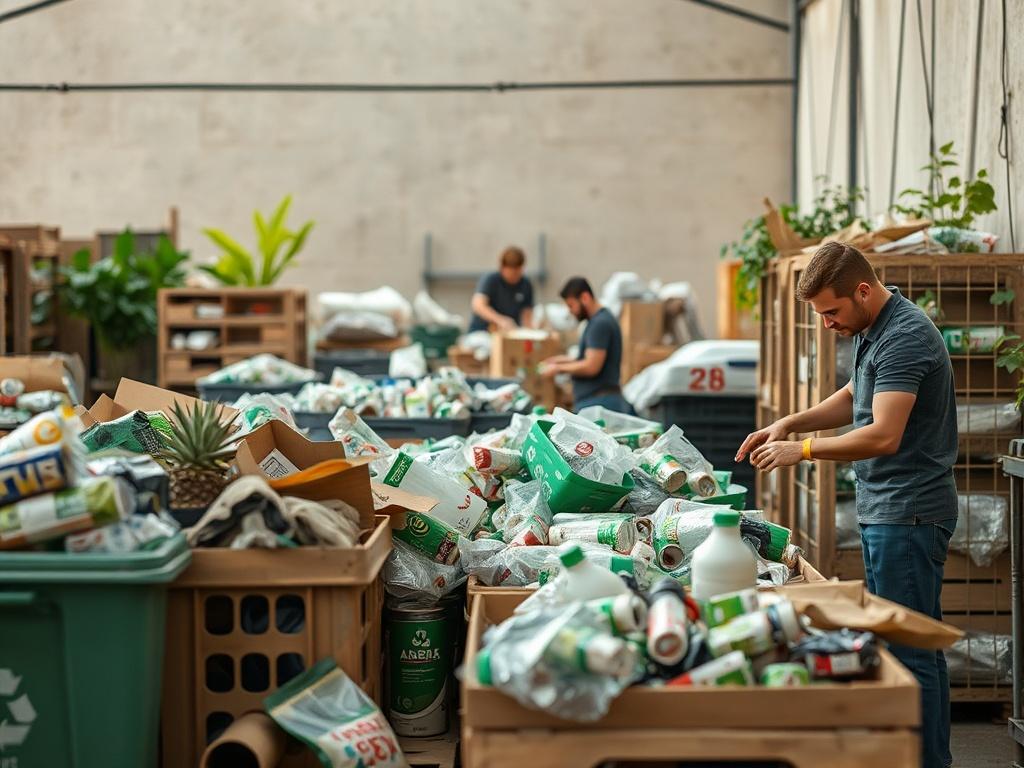 A high-resolution image depicting the Green Recycling Project at ASRY, with staff sorting recyclable materials in an organized manner. The scene should illustrate the commitment to sustainability, with green elements visible in the background and workers engaged in the process, showcasing the community's involvement.