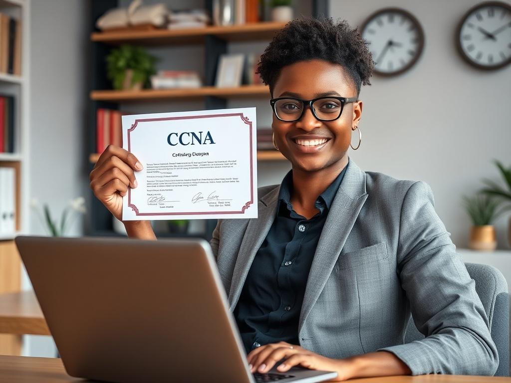 Create a realistic high-resolution photo that captures the essence of professional growth in the IT industry, specifically highlighting the importance of certifications like CCNA for career advancement. 

**Composition:** Focus on a single subject: a confident IT professional (preferably a diverse representation), seated at a modern workspace. The subject should be in the foreground, wearing a smart-casual outfit with a slight smile, holding a CCNA certificate proudly in one hand while using a laptop with m