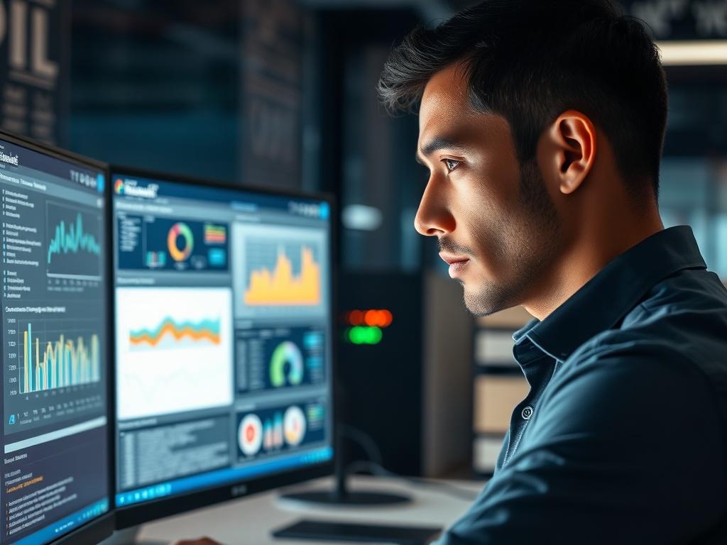 Create a realistic high-resolution close-up image showcasing a professional IT support technician actively engaging with advanced technology. The subject should be a focused individual, wearing modern IT attire (e.g., a smart shirt with a badge), intensely looking at dual computer screens displaying digital dashboards and graphs representing current IT trends. One screen should show metrics for system performance, while the other displays a ticketing system for IT support requests. 

The background should b