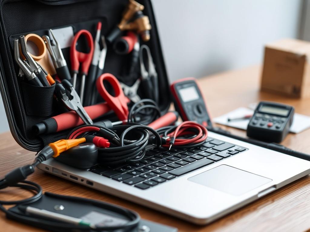 Generate a realistic high-resolution photo that visually represents the theme "Essential Tools for IT Support." The image should focus on a single subject: a modern IT support toolkit. 

**Composition Details:**
- The toolkit should be opened and displayed prominently in the center of the image, showcasing a variety of well-organized tools such as a laptop, network cables, a multimeter, and hand tools like screwdrivers and pliers.
- The background should be a simple, uncluttered workspace, featuring a wooden desk with a blurred effect to keep the focus on the toolkit.
- Use natural lighting that illuminates the tools and brings out their textures, while creating subtle shadows for depth.

**Subject Matter:**
- The toolkit should reflect a mix of traditional tools (like a screwdriver) and modern technology (such as a sleek laptop), symbolizing the blend of classic and contemporary tools essential for IT support.
- Ensure the tools appear brand new, well-maintained, and professionally arranged to convey efficiency and readiness.

**Background:**
- A serene, neutral-colored wall or soft-focus urban environment in the background helps emphasize the subject without distraction.
- The image should incorporate warmer tones, such as soft browns and grays, creating a welcoming yet professional atmosphere.

The final image should capture the essence of being prepared and equipped for effective IT support operations, appealing to professionals in the field.