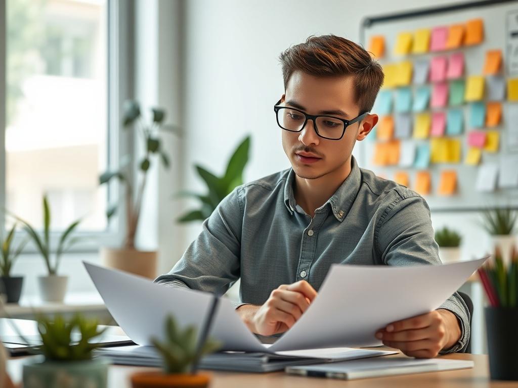 Create a realistic high-resolution photo featuring a focused and engaged project coordinator sitting at a modern desk, deeply analyzing project documentation. The subject should be a young professional with a pensive expression, wearing smart-casual attire, such as a button-up shirt and glasses, signifying their expertise in project coordination.

The background should consist of a well-lit office environment, with soft natural light filtering through a window, showcasing plants and organized office supplie