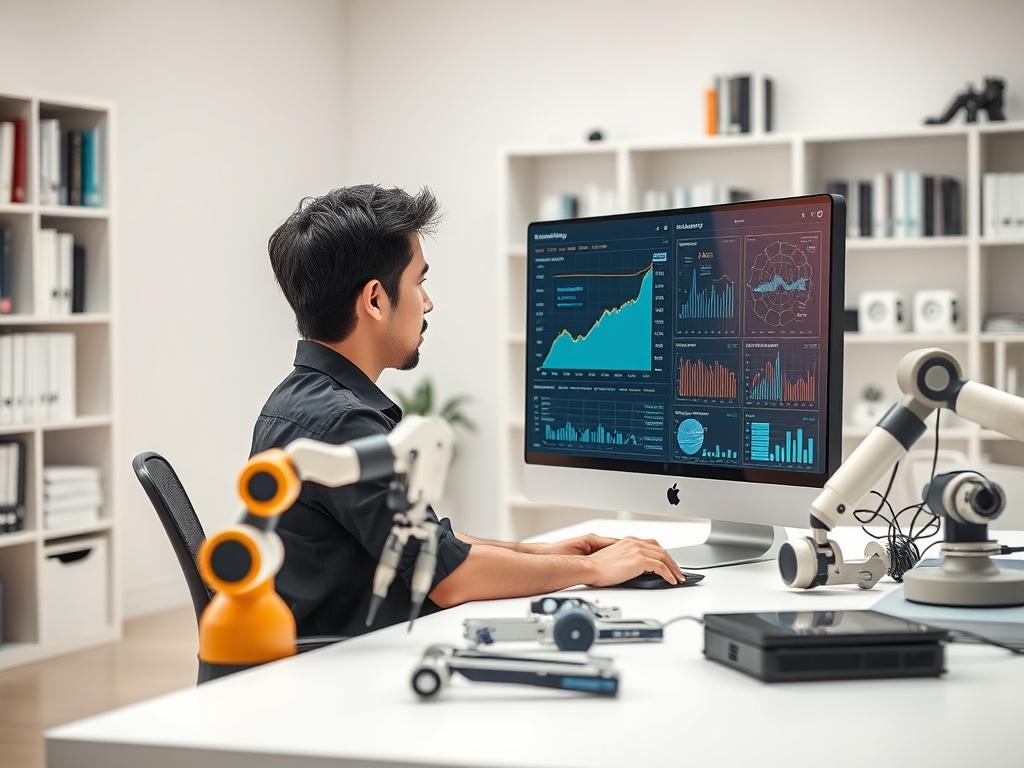 Create a realistic high-resolution image focusing on a lone engineer sitting at a modern desk, surrounded by advanced technology tools. The engineer, a young professional with short black hair and wearing a sleek black shirt, is deeply engaged in analyzing data on a high-resolution computer screen. The screen displays graphs and software testing metrics, illustrating the theme of automation in quality engineering.

The background should be a minimalistic, bright office environment with a soft focus, featuri