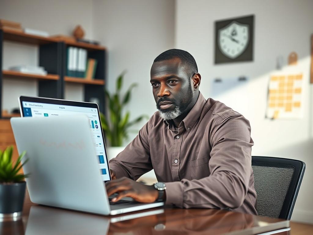 Create a highly detailed, realistic high-resolution photo focusing on a single subject: a professional data security expert, a middle-aged Black male, sitting at a modern, sleek desk in a well-lit office setting. The expert should be engaged in analyzing a laptop displaying a cloud security interface, with graphs and icons representing data protection metrics visible on the screen. 

The background should be a contemporary office environment, featuring elements like a potted plant, a bookshelf with technolo