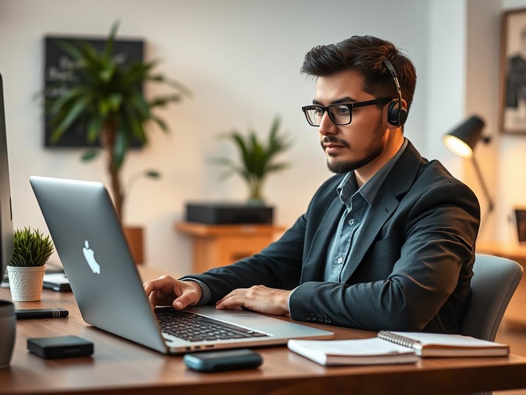 Create a realistic high-resolution photo that embodies the theme of the blog titled "Top IT Support Tips for Small Businesses." The composition should be simple and clear, focusing on a single subject. The image should feature a professional IT technician, a confident individual in a smart-casual outfit, sitting at a modern desk with a laptop open in front of them. The technician should be depicted while actively engaging with the laptop, possibly showing a thoughtful expression while troubleshooting an iss