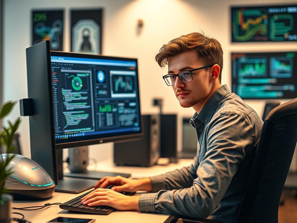 Create a realistic high-resolution photo that captures the essence of career pathways in IT, specifically illustrating the journey from support roles to cybersecurity. Focus on a single subject: a young professional, gender-neutral, seated at a modern workstation. The individual should be engaged in a task, such as analyzing data on a dual-screen setup that displays network security visuals or coding for cybersecurity measures.

The background should feature a clean, tech-oriented office environment with el