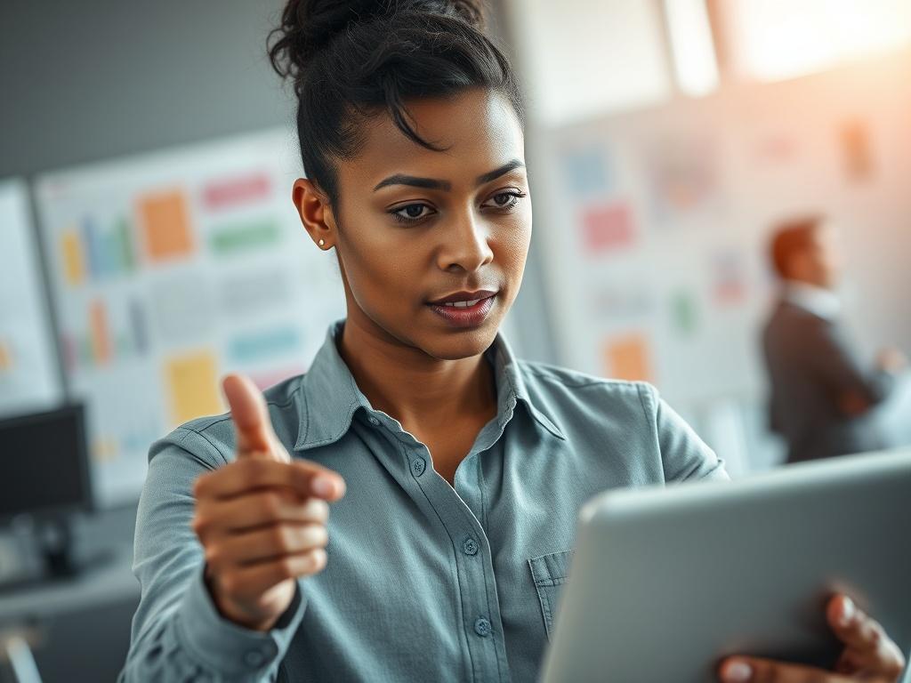 **AI Image Generation Prompt:**

Create a realistic high-resolution photo that embodies the theme of effective IT project coordination. The main subject should be a focused, professional individual (a project manager or IT coordinator) engaged in a discussion or presentation. Position the subject at the center of the frame, shot in a close-up style with a 45mm f/1.2 lens to achieve a shallow depth of field, which beautifully blurs the background while keeping the subject sharply in focus. 

The subject shou