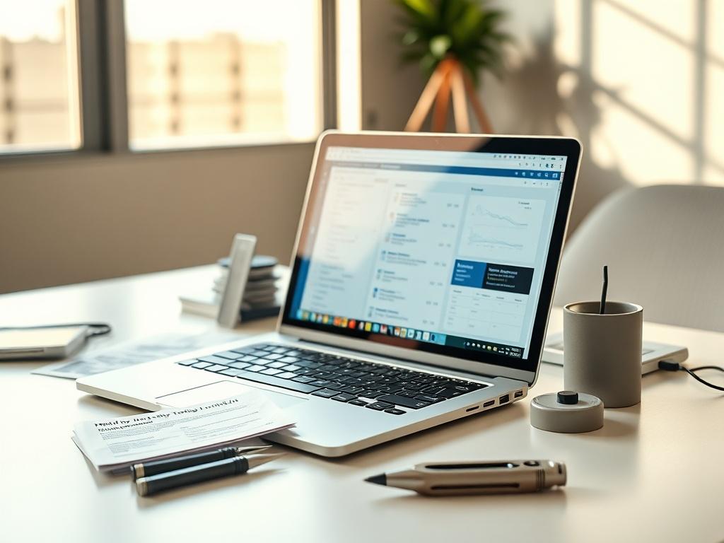 Create a highly realistic high-resolution photo that embodies the theme of "Hands-On Tools and Techniques for Effective Software Testing." The composition should feature a single subject: a well-organized workstation that represents the essence of software testing. Place a sleek laptop open on the desk, displaying a software testing interface on the screen. Surround the laptop with essential practical tools such as a high-quality testing checklist, a couple of testing frameworks' user manuals, and a precisi