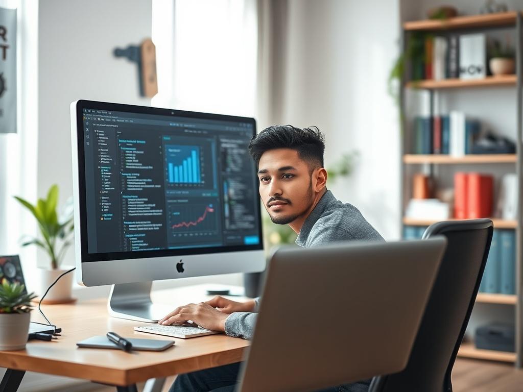 Create a highly realistic and high-resolution photograph that visually represents the concept of system administration for a blog titled "Understanding System Administration: A Beginner's Guide." The composition should be simple and clear, focusing on a single subject.

**Subject Matter:** Center the image around a young adult, diverse in appearance, sitting at a sleek, modern desk with a computer monitor displaying system administration software. The subject should exhibit an expression of concentration as