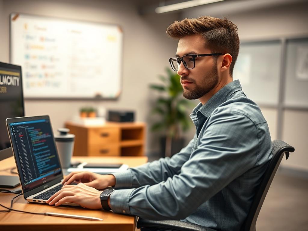 Create a realistic high-resolution photo that captures the essence of quality engineering in software testing. The composition should be simple and clear, focusing on a single subject: a professional software engineer seated at a modern workstation. The engineer should be actively engaged in testing software, using a laptop with code and testing frameworks visible on the screen.  

The subject, dressed in casual business attire, should display a look of concentration and determination, symbolizing the impor