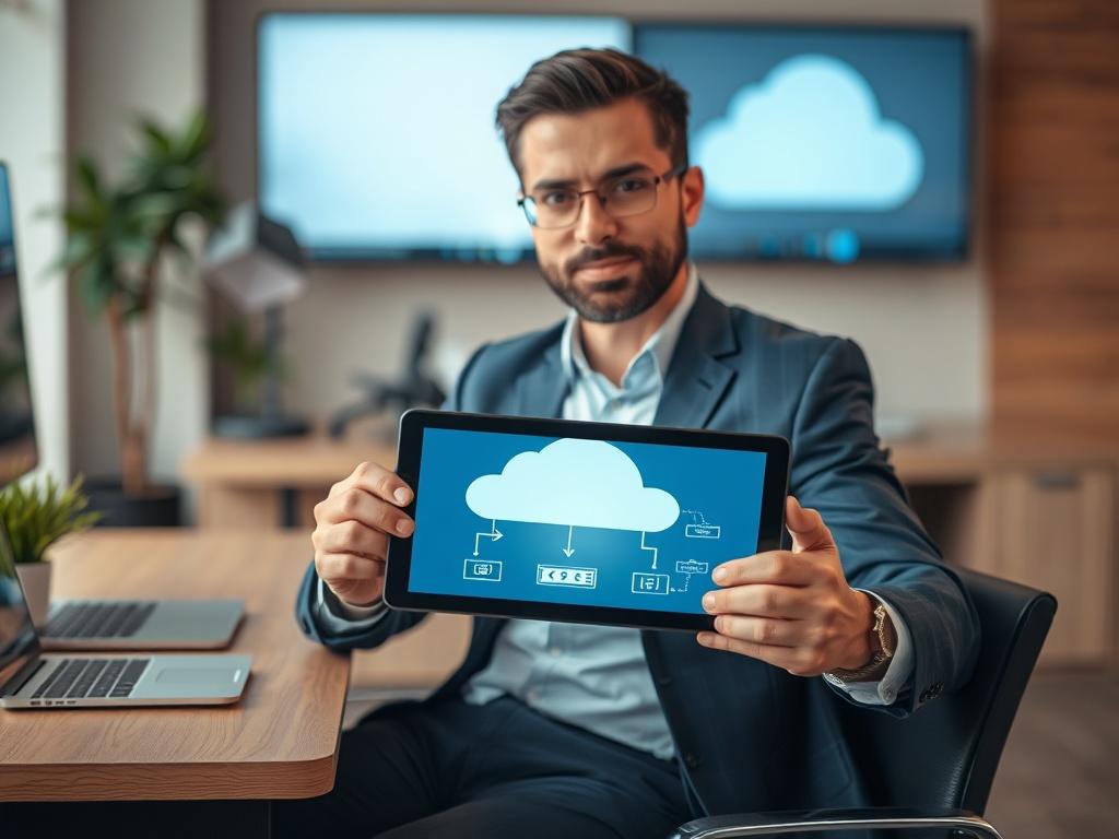 **AI Image Generation Prompt:**

Create a realistic high-resolution image featuring a focused, close-up shot of a confident IT professional seated at a modern workspace. The individual should be reviewing a digital tablet displaying a cloud computing diagram, symbolizing the concept of cloud architectures and data storage solutions. The subject should be an adult of any ethnicity, dressed in smart casual attire, exuding professionalism and expertise. Ensure that their expression reflects curiosity and engag