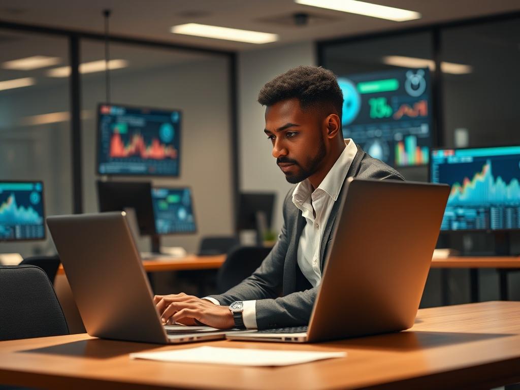 Create a realistic high-resolution photo featuring a solitary, focused IT professional sitting at a modern desk, deeply engaged in configuring a cybersecurity firewall on a sleek laptop. The subject should be a person of diverse ethnicity, wearing smart-casual attire, conveying a sense of concentration and expertise. 

In the background, include a softly blurred office environment, showcasing additional technology like monitors displaying cybersecurity metrics and graphs for an added layer of professionalis