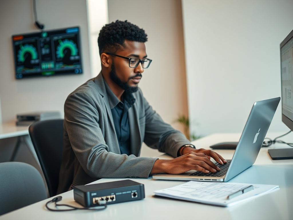 Create a realistic high-resolution photo that embodies the theme of "The Importance of Networking in IT: What You Need to Know." Focus on a single subject: a professional-looking IT specialist seated at a clean, minimalist desk, intently engaged in a networking operation on a laptop. The specialist, a person of African descent, should exhibit confidence and concentration, wearing smart-casual attire. 

The desk should be clutter-free, featuring tools such as a switch, patch cables, and a notepad filled with
