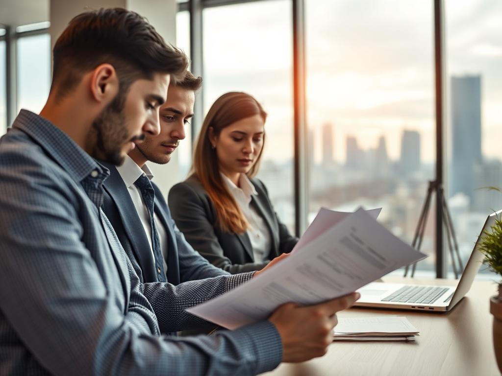 A close-up shot of a property management team reviewing compliance documents in an office setting, with a backdrop of a cityscape symbolizing adherence to local laws.