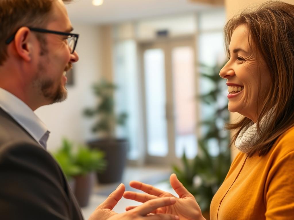 A close-up shot of a property manager speaking with a happy tenant, both smiling and engaged in conversation. The background should depict a welcoming property environment, such as a well-kept garden or lobby. The lighting should be warm and inviting, reflecting a positive atmosphere.