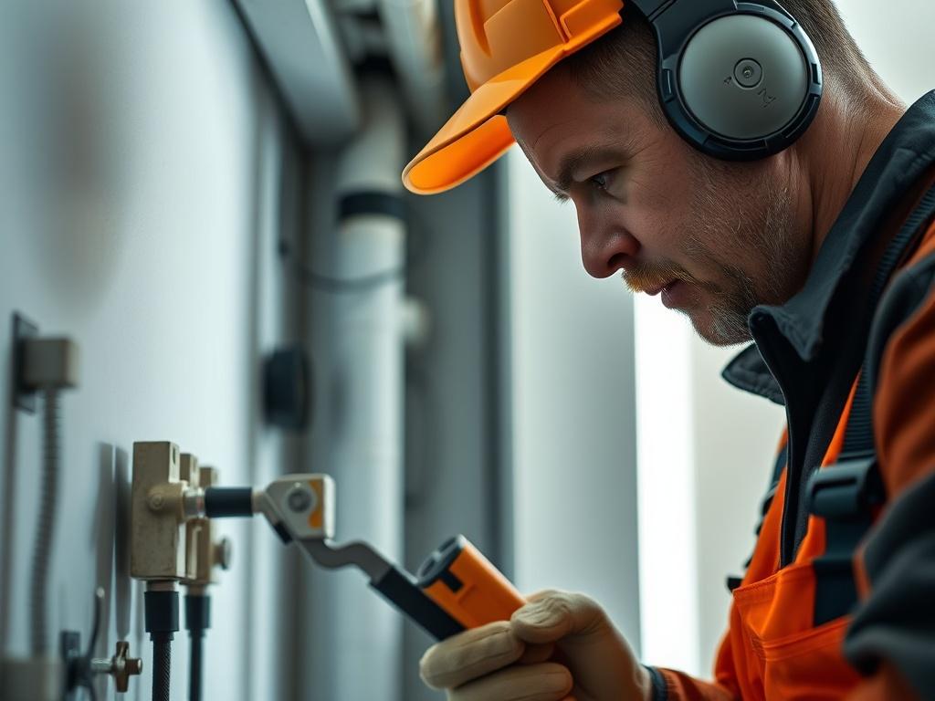A close-up shot of a maintenance technician inspecting a property, with tools in hand, focused on a specific area, such as plumbing or electrical systems. The background should be slightly blurred to emphasize the technician's diligent work. The lighting should be bright and natural, showcasing the details of the property.