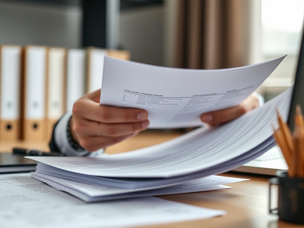 A close-up shot of a compliance officer reviewing documents in an office setting, with a computer and regulatory books in the background. The image should convey a sense of professionalism and diligence in ensuring compliance. Soft, natural lighting should enhance the clarity of the documents.